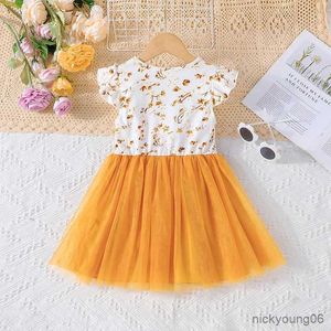 Ensembles de vêtements Robe pour enfants 4-7 ans Anniversaire Manches courtes Mignon Floral Jaune Tulle Bow Princesse Robes formelles Ootd pour bébé fille