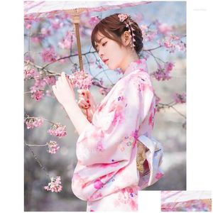 Conjuntos de ropa Ropa étnica Mujeres Japonés Tradicional Kimono Color Rosa Estampados florales Formal Yukata Pografía Vestido largo Cosplay Co Dhq4F