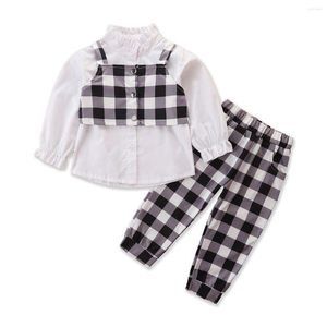 Conjuntos de ropa Conjunto de niña de moda Camisa blanca de manga larga Chaleco a cuadros Pantalones Trajes para niños Ropa para niños