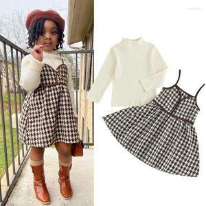 Ensembles de vêtements focusnorm 3-6 ans mode enfant en bas âge fille vêtements 2 pièces col roulé à manches longues hauts en tricot imprimé à carreaux a-ligne robe d'été