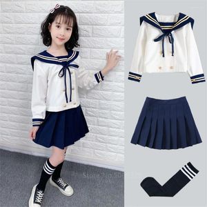 Conjuntos de ropa Girl Japones Japanese Korean Student School Uniforms Kids JK Sailor Vestido Kawaii Sweet Pliseed Falda Traje de manga larga Armada ortodoxa