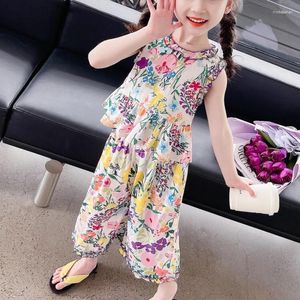 Ensembles de vêtements pour filles imprimées florales 2024 Été coréen pour enfants en dentelle Top sans manches et pantalon de jambe large en gros deux pièces