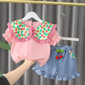 Conjuntos de ropa para niñas, ropa de verano con cuello de muñeca para bebés, 2 uds., traje 2023, pantalones cortos de manga corta con dibujos animados