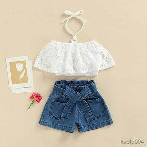 Conjuntos de ropa Conjuntos de ropa para niñas Ropa de verano para niños Encaje de ganchillo Cuello halter Camiseta y cinturón Pantalones cortos de mezclilla Ropa para niños R230518