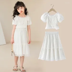 Ensembles de vêtements pour filles, robe en dentelle Jacquard, ensemble deux pièces, été 2023, grands enfants, mode coréenne, Style étranger, princesse blanche