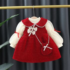 Ensembles de vêtements filles lanterne manches hauts col claudine enfants robe avec sac hiver bébé deux pièces costumes 230214