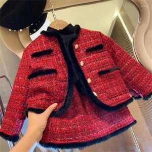 Conjuntos de ropa Niñas Tweed Invierno Bebé Niña Moda Rojo Vintage Chaqueta acolchada Abrigo Falda Conjunto de 2 piezas Princesa Traje 2-8Y