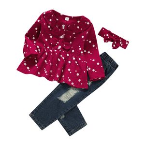 Ensembles de vêtements Infant Baby Girls Casual Trois pièces Vêtements Set Dots Motif imprimé Pull Taille élastique Jeans et coiffure 221118