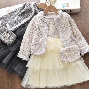 Conjuntos de ropa para niños, ropa de invierno para niñas, abrigos para niñas y vestidos sin mangas de retazos, trajes de Tweed elegante para niños con bolsos de perlas