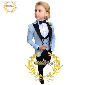 Conjuntos de ropa trajes para niños para el tubo de boda pantalones de chaqueta azul cielo chaleco de tres piezas solapa de la solapa de la fiesta formal blazer set w0224