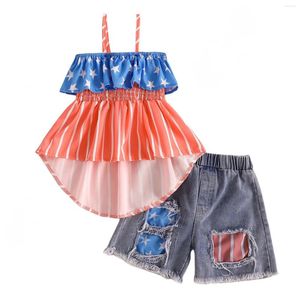 Vêtements Ensembles Kids Toddler Baby Girls Spring Summer Summerdependence Day Star Striped Sheved Denim Shorts Tenues Vêtements