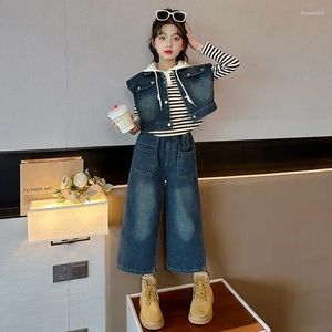 Ensembles de vêtements coréens printemps automne 3pcs Suit adolescente fille à capuche rayée sweat-shirt en denim