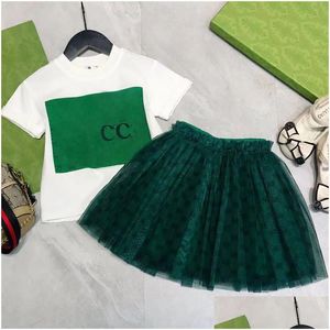 Ensembles De Vêtements De Luxe Designer Enfants T-Shirt Voile Jupe De Mode Mignon Bébé Vêtements Enfants Costumes À Manches Courtes D'été Filles Coton Dres Dhsgj