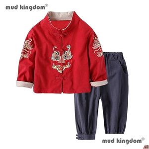 Conjuntos de ropa Mudkingdom Boys Girls Outifts Año chino Ropa Traje para niños Chaqueta Tang Abrigos y traje Niños 220218 Drop Delive Dhuat