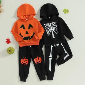 Conjuntos de ropa Pudcoco Kid Niño Niñas Niños Traje de Halloween Calabaza / Esqueleto Estampado Manga larga Sudadera con capucha Pantalones 2 piezas Set 3-7T