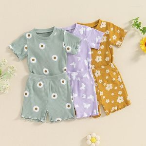 Ensembles de vêtements Pudcoco Toddler Baby Girl Vêtements d'été Ruffle Rangée Tricot à manches courtes T-shirt Tops Shorts Cute Outfits 2PCS Set 6M-4T