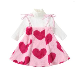 Conjuntos de ropa Primavera Día de San Valentín Niños Niñas Ropa de princesa Tejer Manga larga Cuello alto Tops Corazón Piel Vestido con tirantes