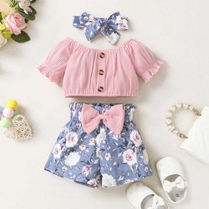 Ensembles de vêtements d'été Baby Girl Vêtements Pink Top + Bow Print Blue Shorts 2pcs Set Baby Fashion Clothing Setl2405