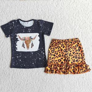 Vêtements Ensembles d'été Baby Girls Fleur Cow Head Black Top Gold Leopard Print Shorts Suit en gros Boutique Childre
