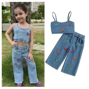 Vêtements Ensembles d'été Girls Vêtements bébé décontracté sans manches papillon imprimé denim Sling Crop-top Pantalon Jeans