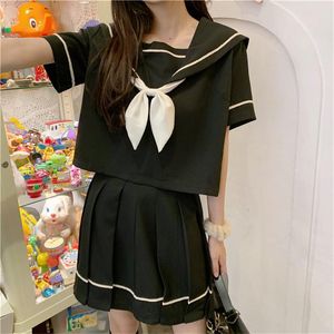 Conjuntos de ropa Uniformes escolares japoneses de verano Estilo S-L Estudiante Chicas Traje negro Mujeres Sexy JK Traje Marinero Blusa Falda plisada ConjuntoClothi