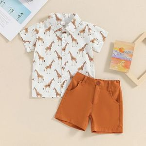 Ensembles de vêtements pour tout-petit bébé garçon gentleman tenue dessin animé girafe print manches courts bouton-chemises et short de vêtements pour usure formelle