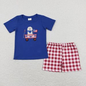 Ensembles de vêtements en gros bébé garçon 4 juillet SÉCURISTIQUE Été Enfants pour tout-petits broderie coton dog de chien Blue Kid Kids Infant Plaid Shorts