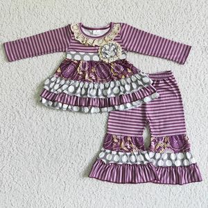 Ensembles de vêtements en gros bébé fille violet floral pour tout-petit à manches longues en dentelle de fleur