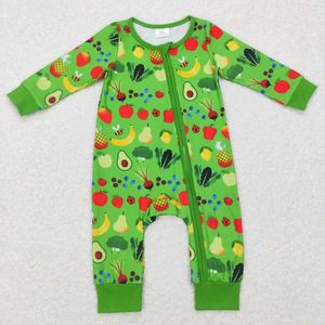 Ensembles de vêtements en gros bébé enfants vêtements nés tout-petits fruits et légumes imprimé vert fermeture éclair à manches longues Onesie barboteuses