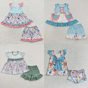 Ensembles de vêtements en gros infantile enfant en bas âge été manches courtes tunique florale bébé fille enfant short à volants enfants fleur design tenue