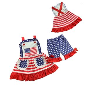 Ensembles de vêtements en gros enfants 4 juillet drapeau rouge blanc rayure tunique filles sans manches bleu commence Shorts tenues 230608