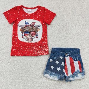 Conjuntos de ropa Venta al por mayor Niño 4 de julio Vaca occidental Verano Rojo Mangas cortas Traje Bebé Niña Top Estrella Rayas Pantalones cortos de mezclilla Niños Niño