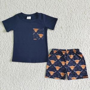 Conjuntos de ropa al por mayor de la vaca occidental Baby Boy Summer Pocket Naby Blue Shorts Highland Shorts Boutique Boutique Kid Fashion