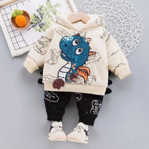 Ensembles de vêtements Hiver Enfants Plus Velours Pull Chaud Costume Deux Pièces Bébé Garçon Épaissir Dessin Animé Dinosaure Vêtements Enfants Survêtement Fille Ensemble