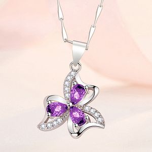Trébol mariposa Cristal púrpura circonio diamante piedras preciosas collares pendientes para mujer oro blanco Color plata gargantilla regalo de joyería