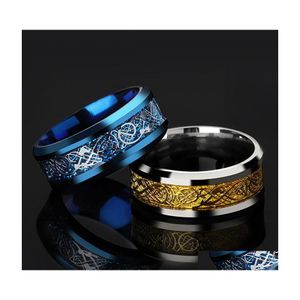 Anillos de racimo 2021 Anillo de hombre Oro Azul Fibra de carbono Dragon Inlay Comfort Fit Acero inoxidable para hombres Banda de boda Venta al por mayor Drop Deli Dhfiw