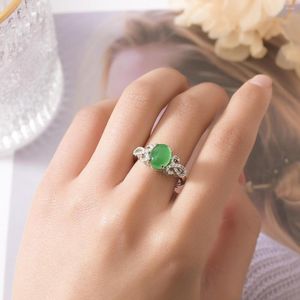 Cluster Anneaux 2023 Argent Mode Tempérament Simulation Naturel Kan Jade Jaspe Vert Gemme Anneau Réglable Pour Les Femmes Fine Jewelry