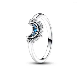 Cluster anneaux 2024 925 Sterling Silver Celestial Blue Sparkling Moon For Women Wedding Engagement Ring Finger