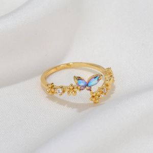 Anillos de racimo 2024 joyería al por mayor minimalista color oro lindo iridiscente flor de cristal mariposa ajustable abierto para mujeres niñas