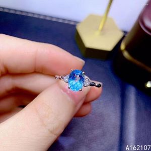 Anillos de racimo 925 Plata pura Estilo chino Topacio azul suizo natural Elegante anillo de gema ajustable ovalado para mujer Soporte de joyería fina Det