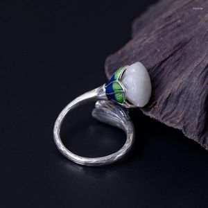 Anillos de racimo, anillo Retro de Jade de Plata de Ley 925 para mujer, estilo chino, cloisonné tailandés, vaina de loto, joyería abierta ajustable JZ058