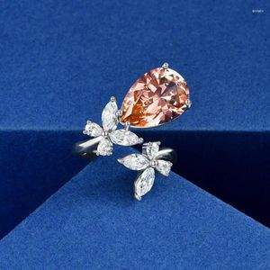 Cluster Anneaux 925 Silver Silver Part Forme Morganite Morganite Cumbique Zirconi Crystal Marquis Champagne Pink Tedrop For Women Fine Jewelry