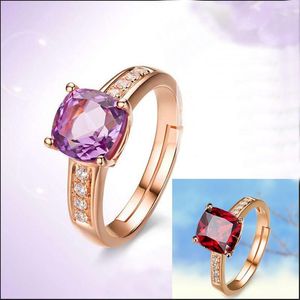 Bagues de Grappe Argent Sterling 925 Couleur Or Rose Incrusté de Cube Violet Rouge Zircon Femmes Hommes Réglable Micro-Set Cristal Bague Ouverte