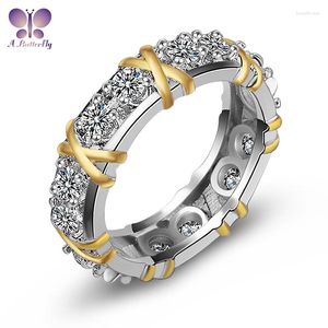Anneaux de cluster AButterfly 925 Sterling Silver 3MM 5A Simulé Diamant Bague Femme X Double Couleur avec des bijoux fins
