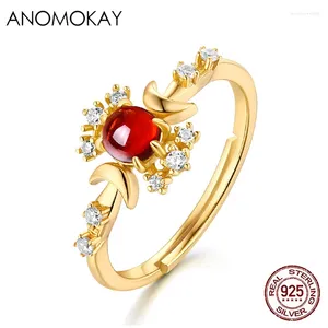 Cluster anneaux anomokay romantique rouge rond cristal gol couleur femme amant 925 Sterling Silver White Cz couronne pour le mariage