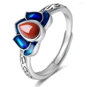 Bagues de cluster Émail bleu Fleur de lotus Bague Teardrop Agate rouge Cabochon 925 Sterling Argent Naturel Pierre Chinoise Bijoux ethniques pour femmes