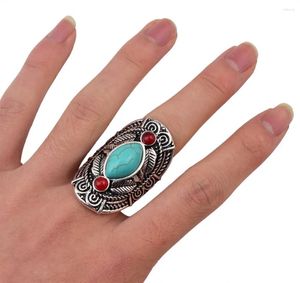 Anillos de racimo Boho étnico Tíbet turquesa para mujeres hombres retro color plata ajustable tallado gitano tribal pakistán joyería afgana