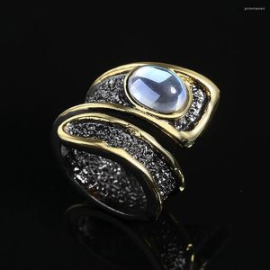 Bagues de cluster CIZEVA Creative Moonstone Gemstone Noir Or 925 Argent Deux Tons Goth Bague De Luxe Afrique Bijoux Cadeau