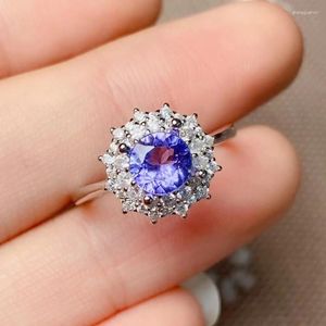 Anneaux de cluster Bague de fiançailles classique pour femme 0.8ct 6mm Tanzanite naturelle 18K Plaqué or 925 Bijoux en argent