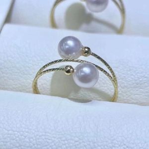 Cluster Rings Clearness Fashion Gold injected Double Beads Elastic Ring For Women 5-6mm Round Seedless Freshwater Pearl Adjustable
